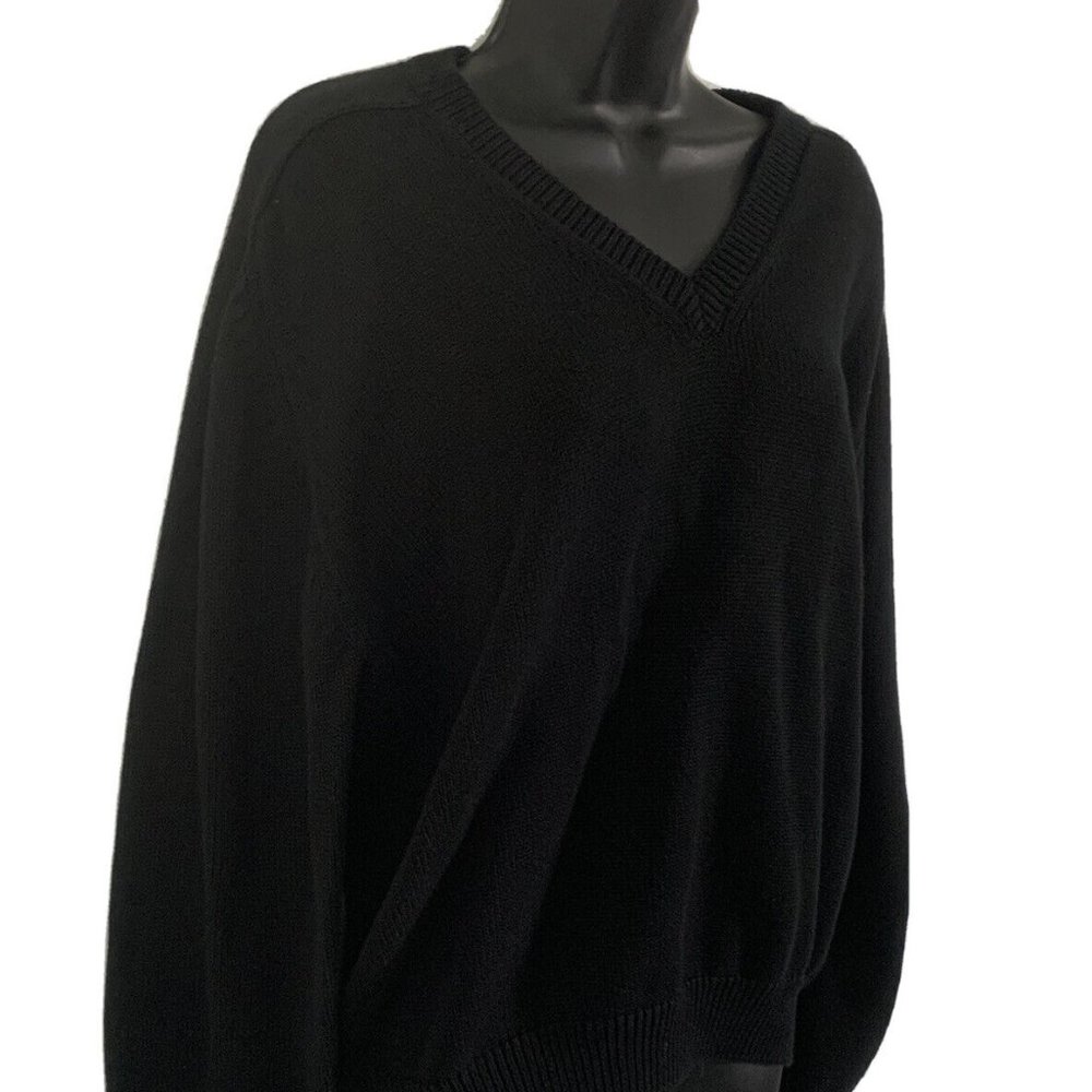 Lands End Black Medium Mens Cotton Sweater V-neck Comfy Soft Warm